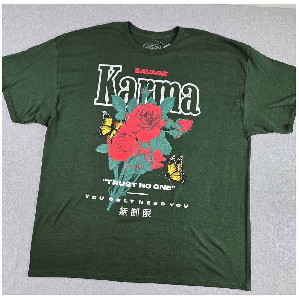 Popular Poison Savage Karma Graphic Tee Forest Green Rose Butterfly Mens 2XL New